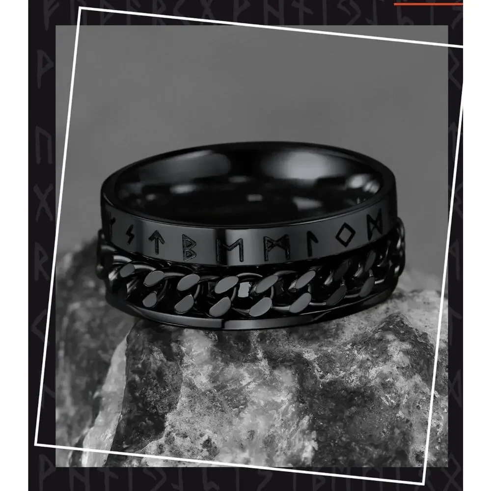 Black Spinner Ring Size 13 – Chain Link Design – Rune Engraved – Men’s Ring